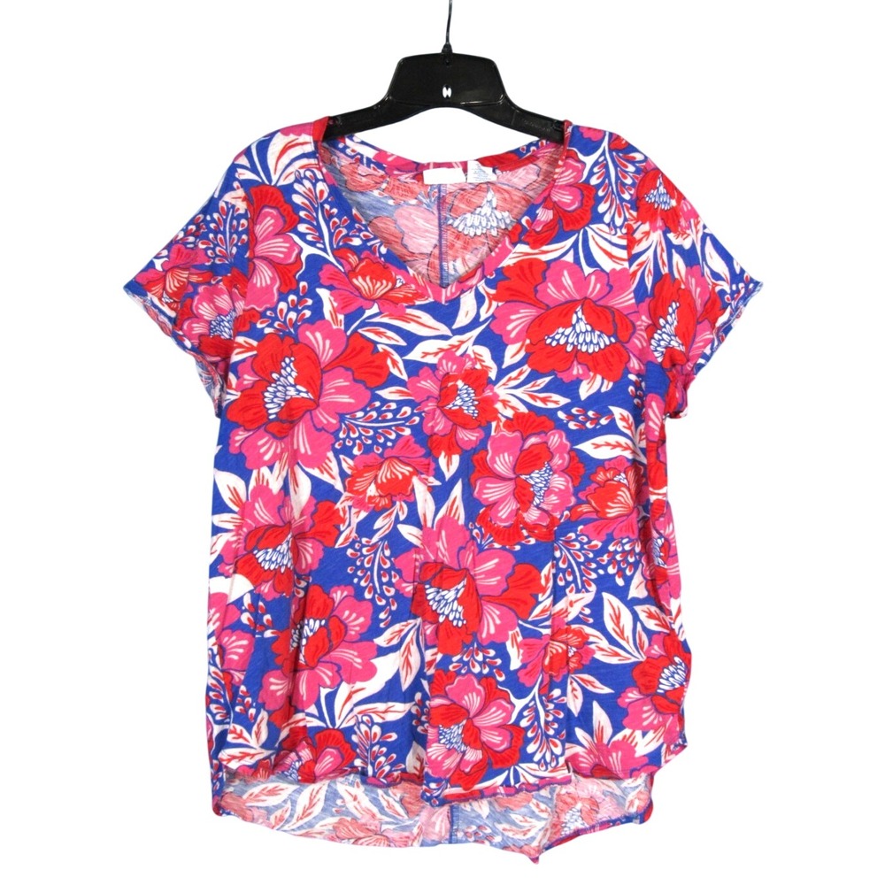 SIGRID OLSEN Blue/Multi TRPOICAL FLORAL PRINT V-Neck TWILL Blouse/T-Shirt/Top 1X